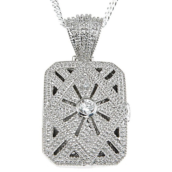 Sterling Silver 925 CZ Square Locket Pendant Couture Antique Style - Picture 2 of 4